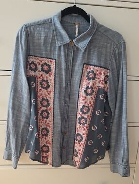 Free People Blue Mixed-Print Button-Down Shirt with Floral Panels